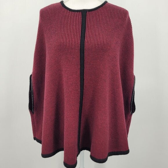 Forever 21 Burgundy Rib Knit Black Trimmed Cape Sweater Poncho - Picture 2 of 8